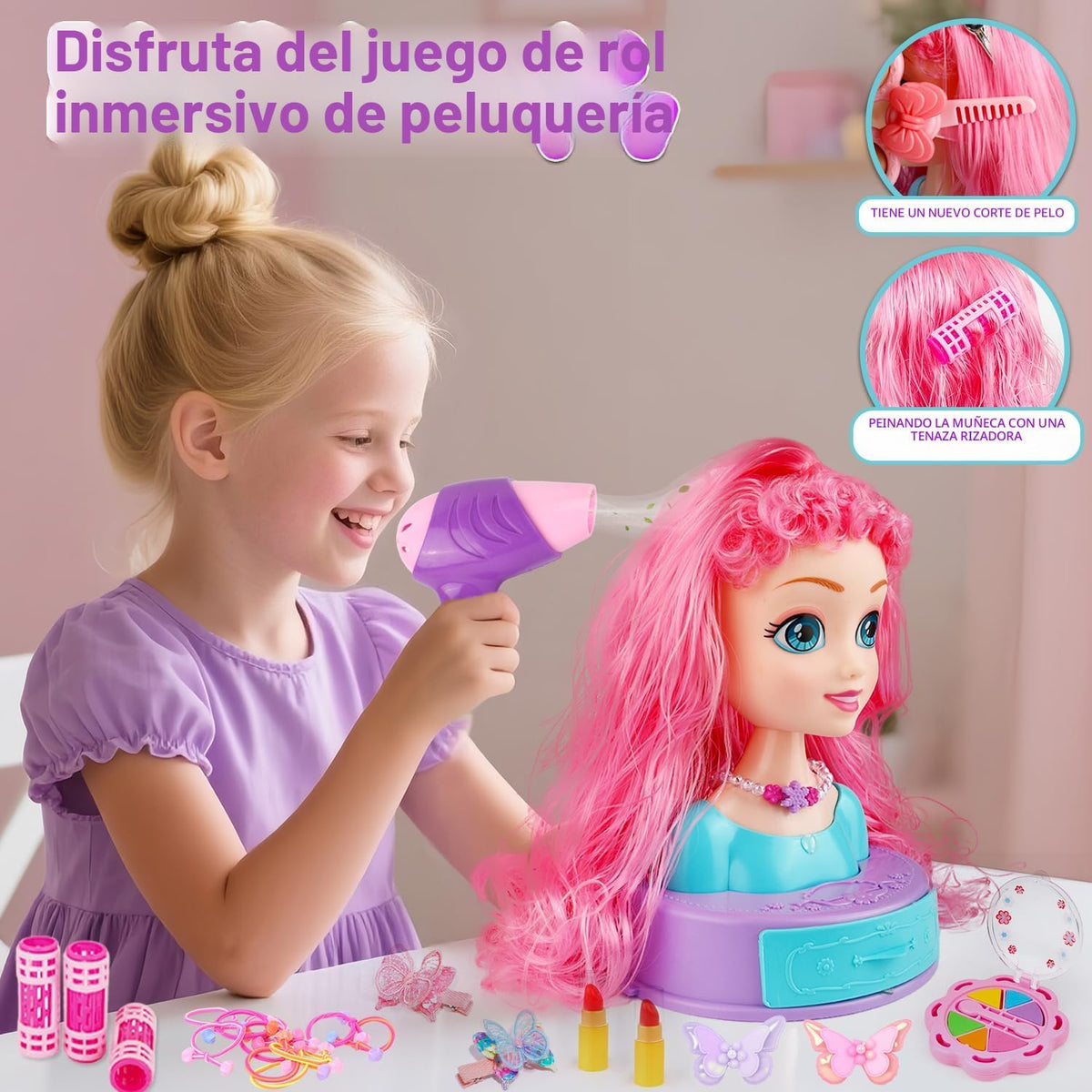 Kryonixty Cabeza de muñeca 4 en 1 para peinar el cabello para niños...