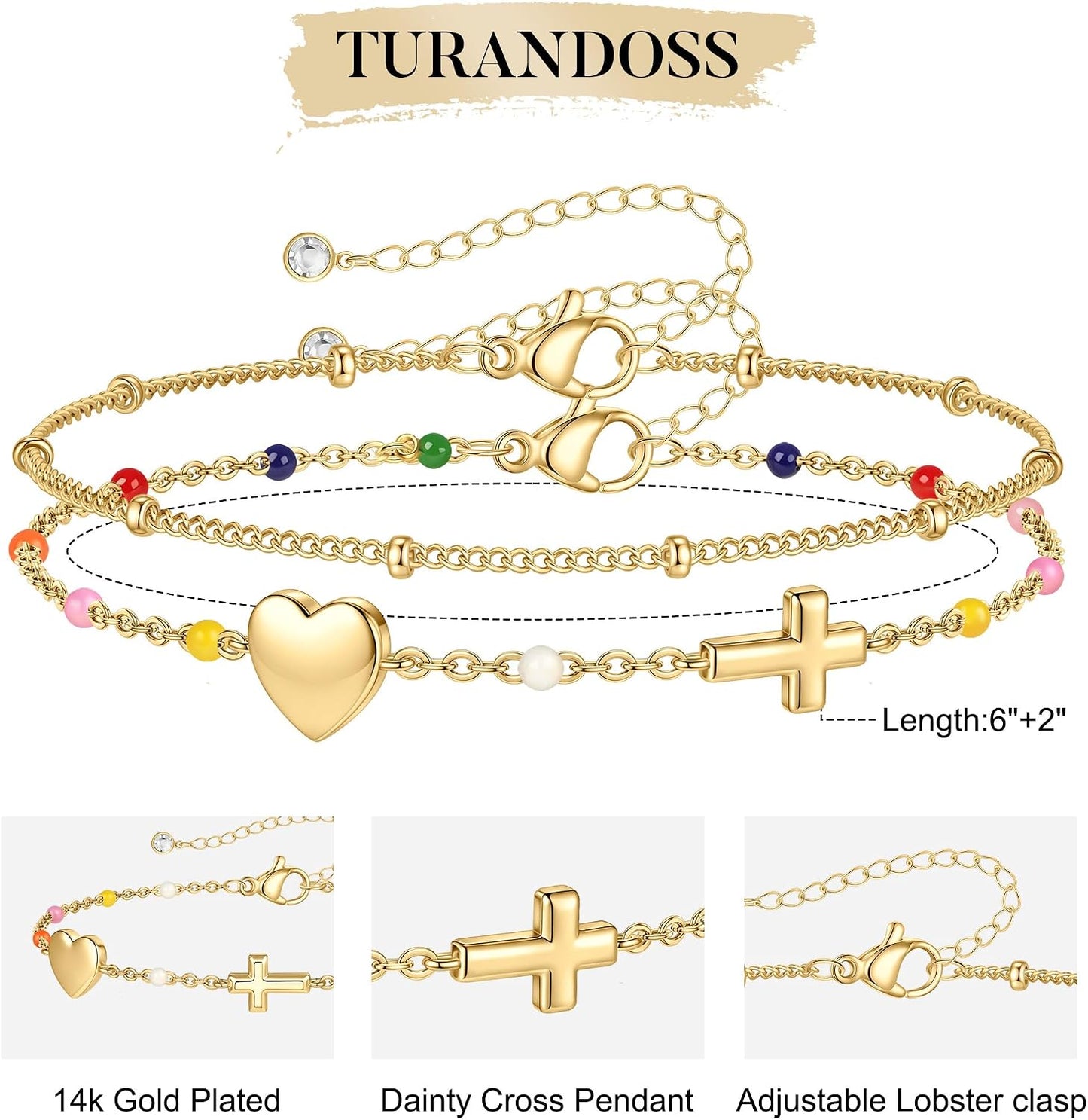 Turandoss Pulsera de cruz para mujer, chapada en oro de 14 quilates...
