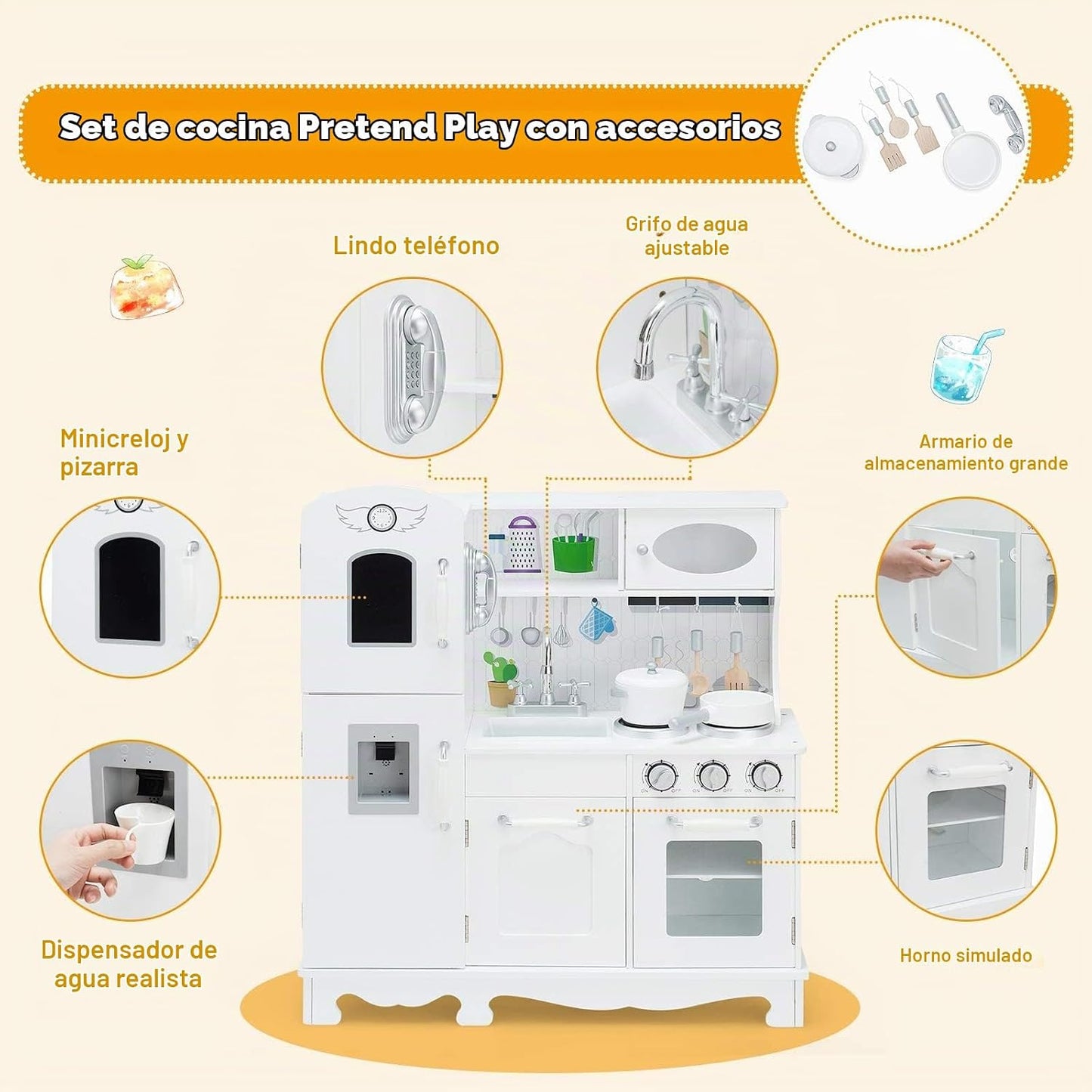 Costzon Juego de cocina para niños, cocina de juguete de madera con...