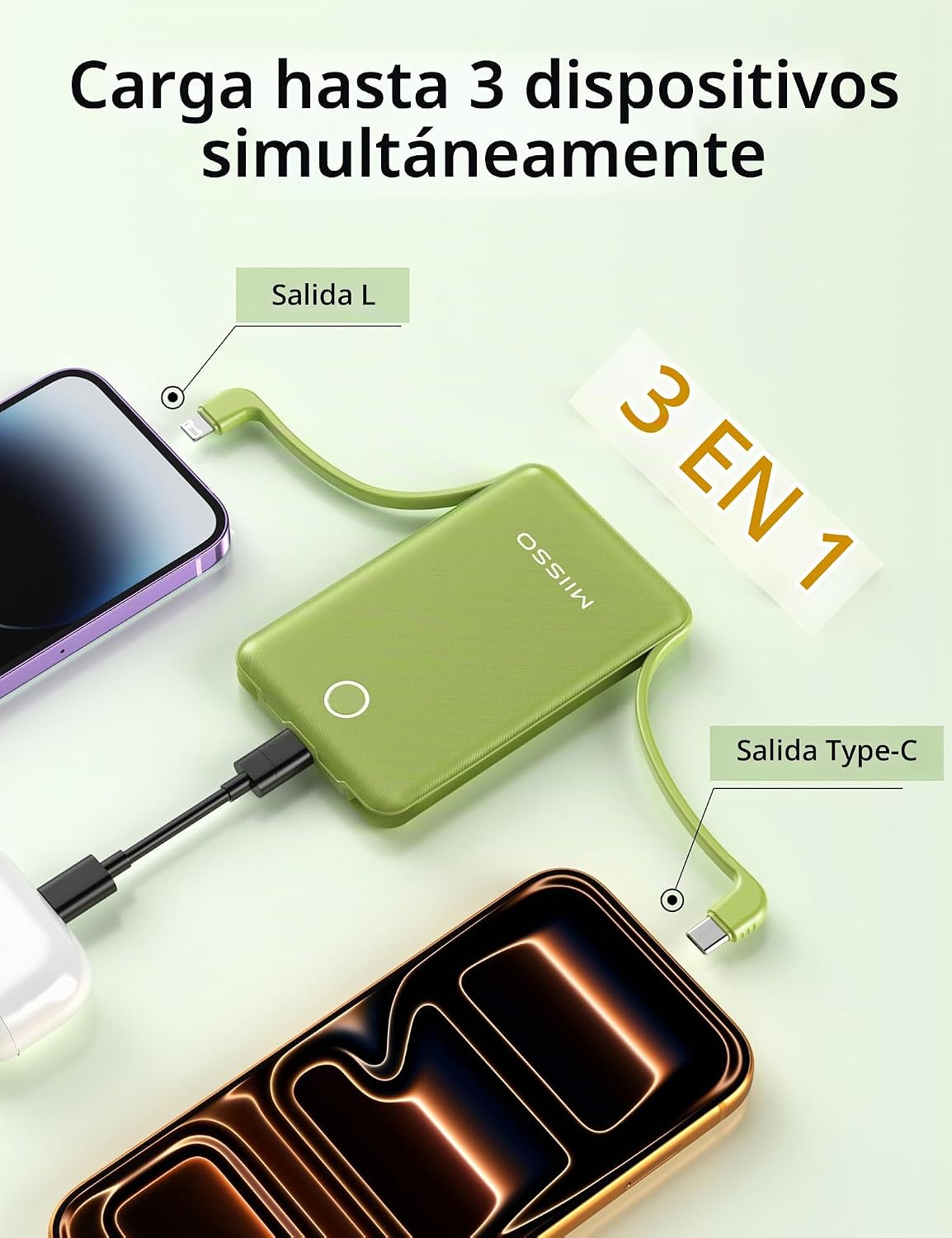 miisso Cargador portátil mini de 10000 mAh con cable incorporado, b...