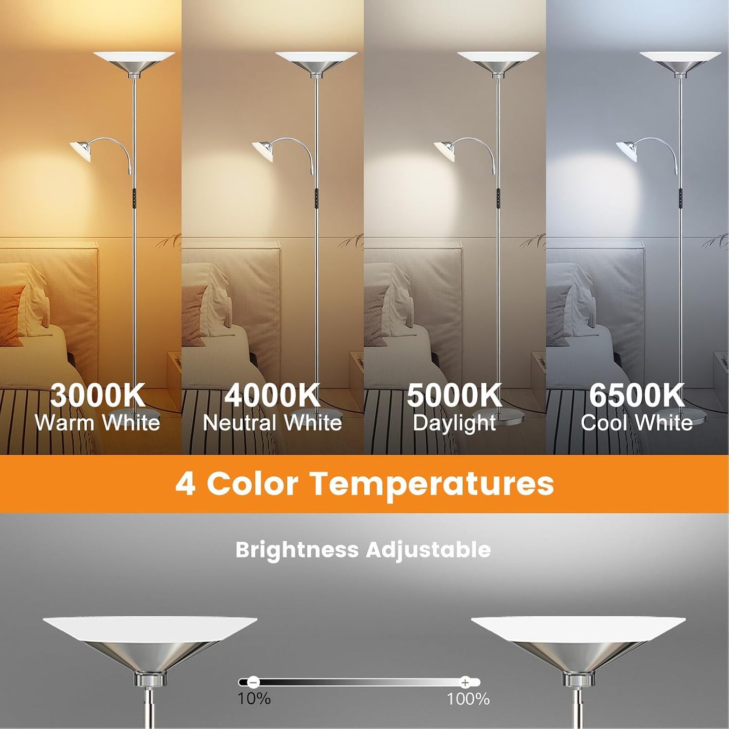 SIBRILLE Lámpara de pie plateada metálica, lámpara de pie LED regul...