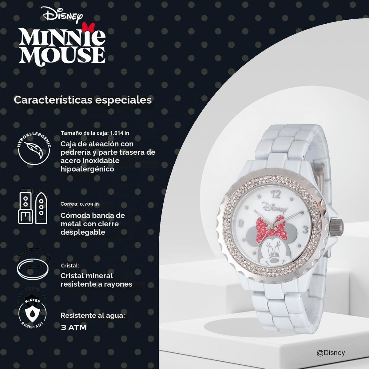 Reloj Disney Minnie Mouse para mujer, diseño clásico de Minnie Mous...