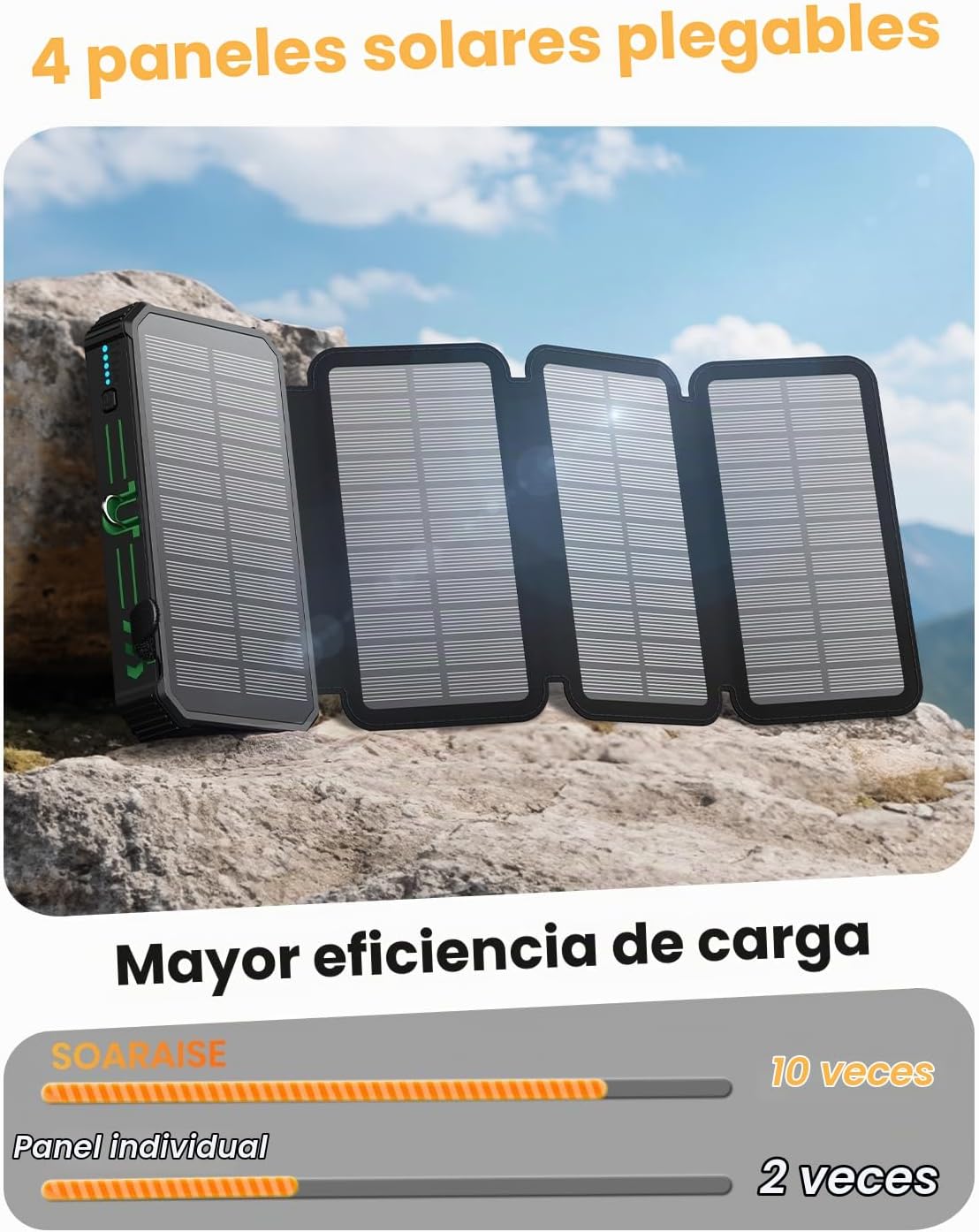 Banco de energía solar 48000mAh construido en 4 cables, linterna, e...