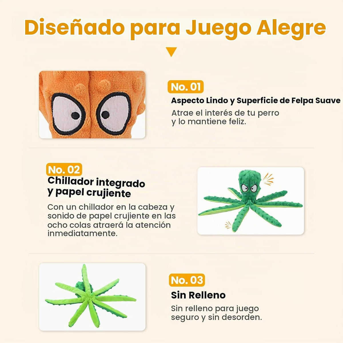 HGB Juguetes chirriantes para perros, sin relleno, pulpo arrugado p...