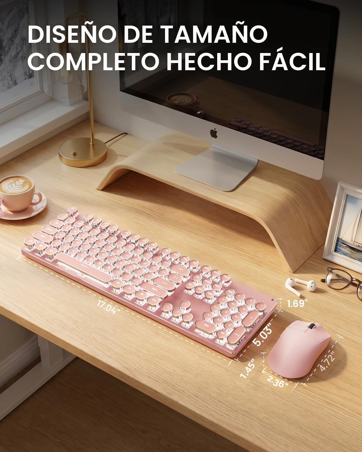 Combo de teclado y mouse inalámbricos, máquina de escribir retroilu...