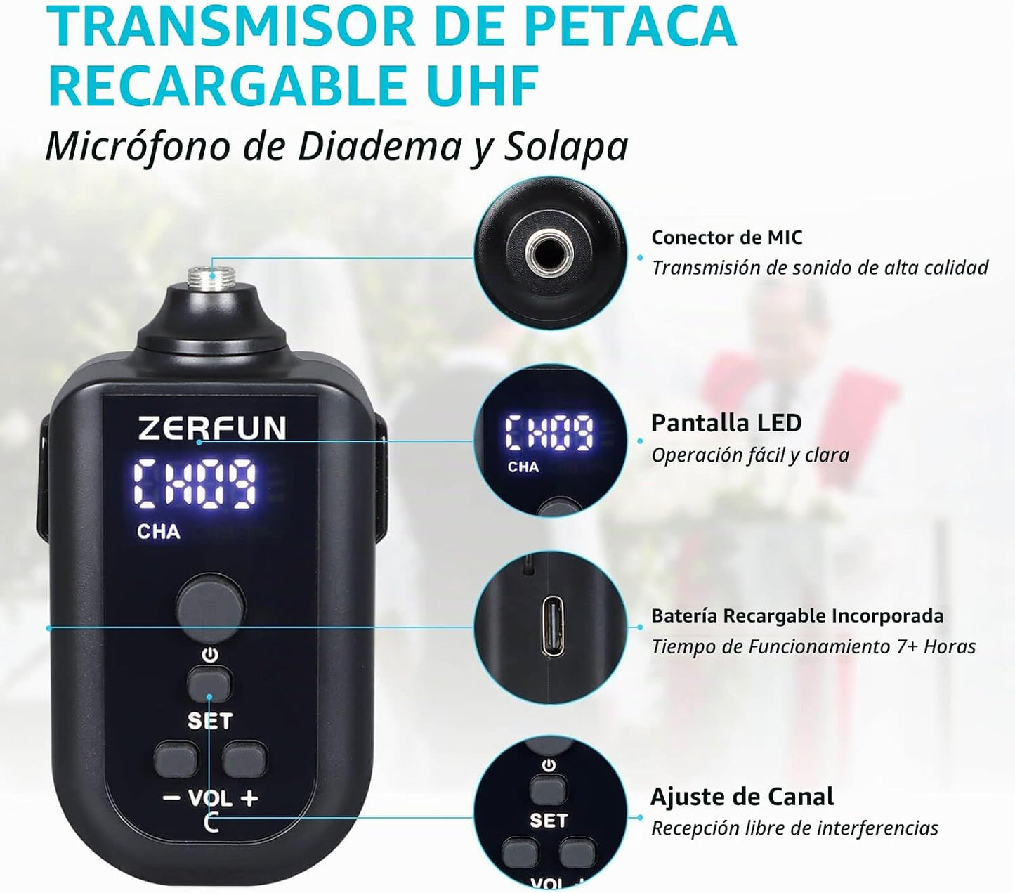 ZERFUN Sistema de Micrófono Inalámbrico Recargable de 4 Canales, Mi...