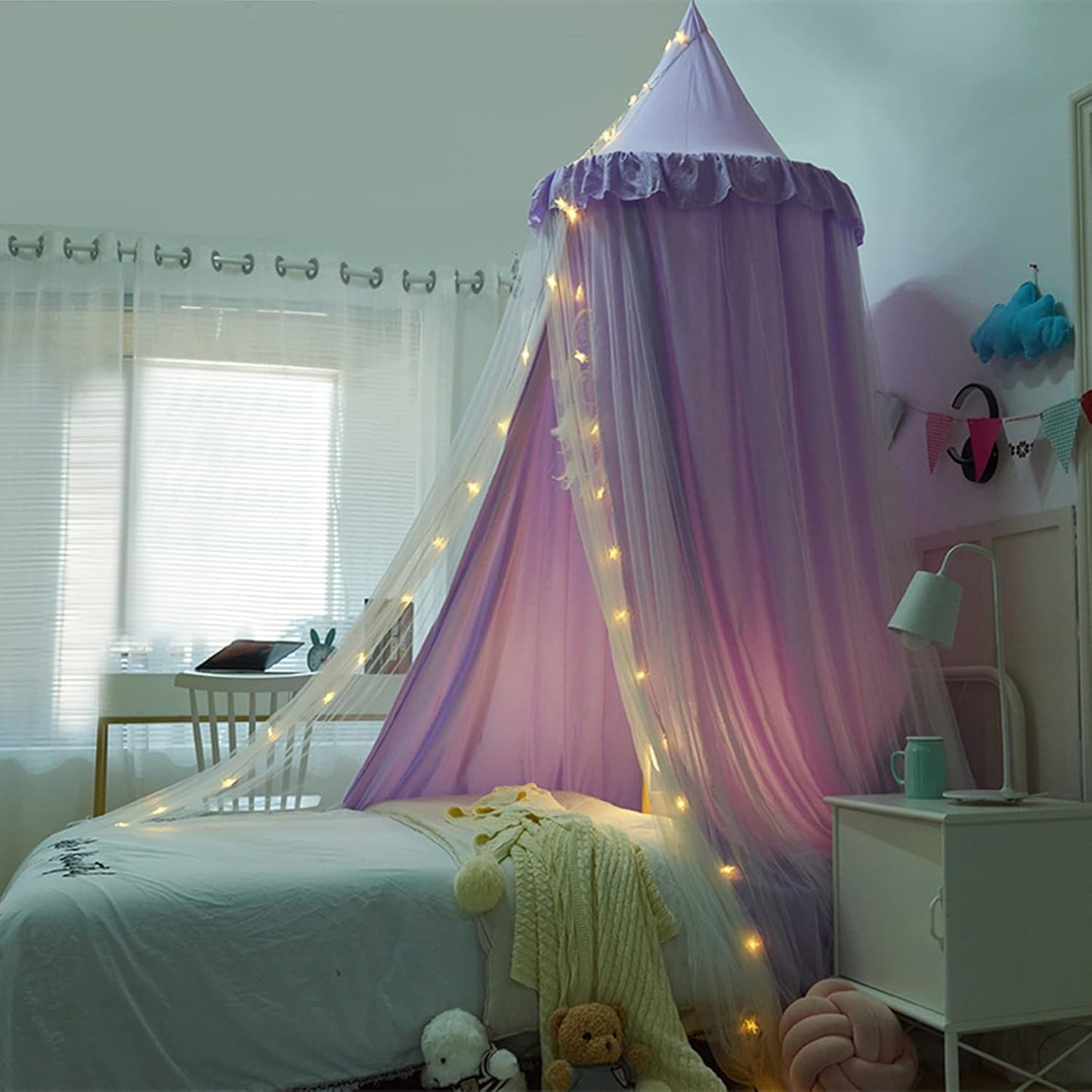 Dósel de cama con luces, doble capa, princesa, cúpula redonda, mosq...