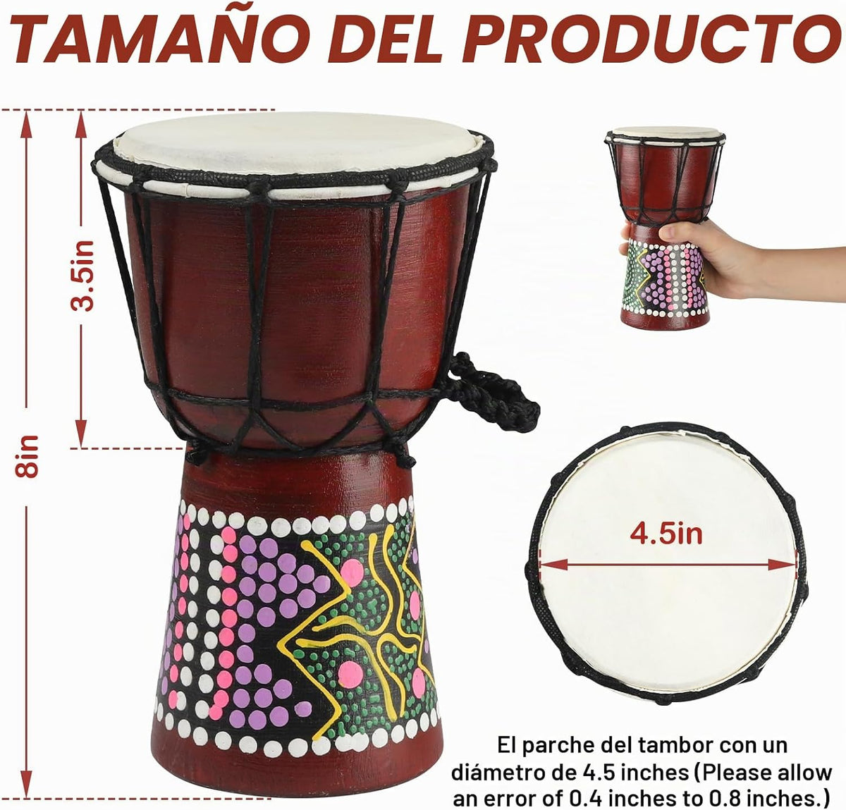 GOGHOST Mini tambor de madera Djembe tambores africanos 4.5 '&#...