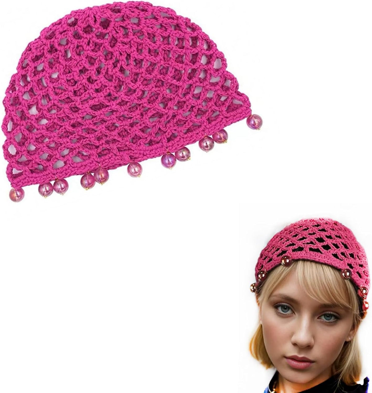 AsggBah 1 gorra de malla de pelo de ganchillo rosa con perlas de pu...