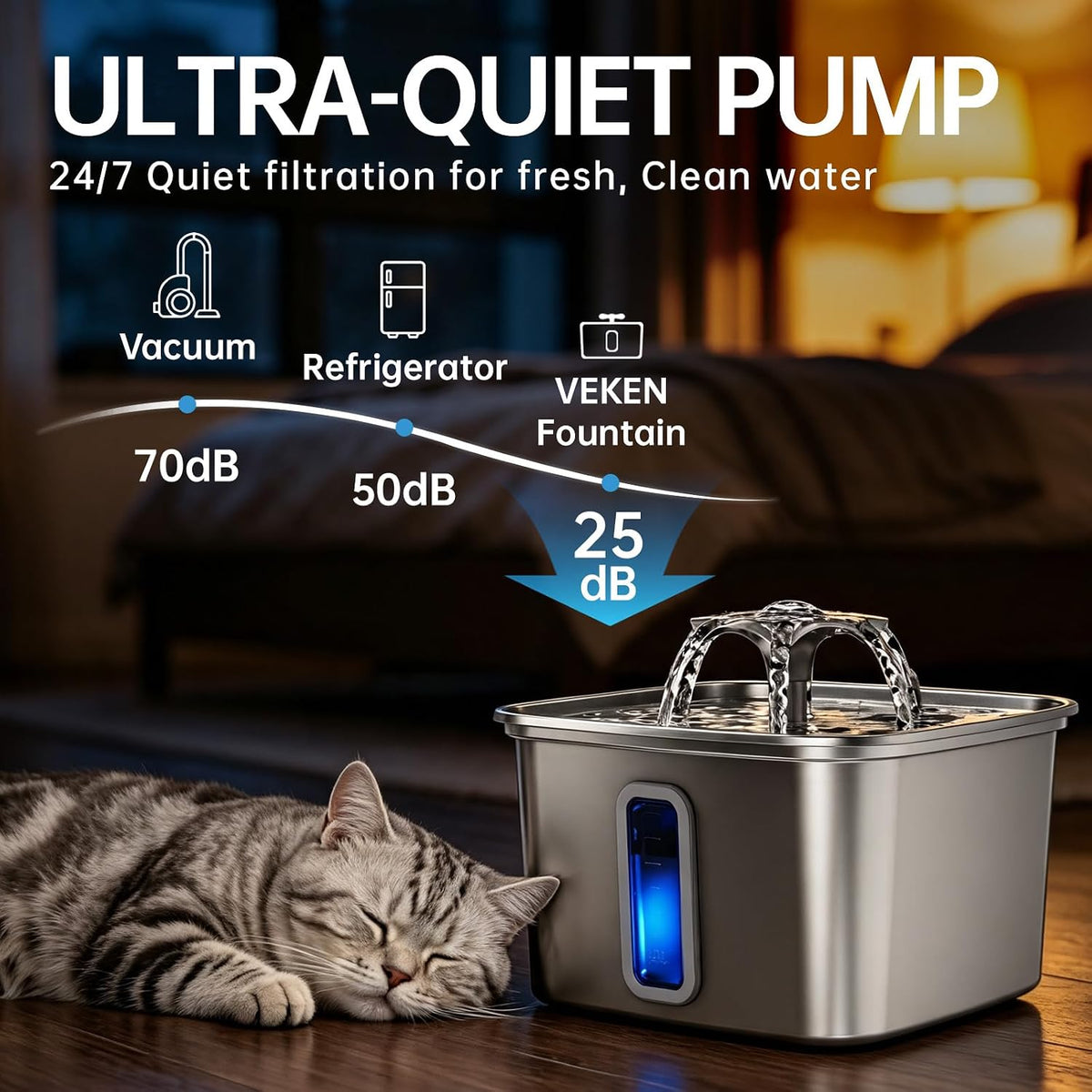 Veken Fuente de agua para gatos de acero inoxidable ganadora del pr...