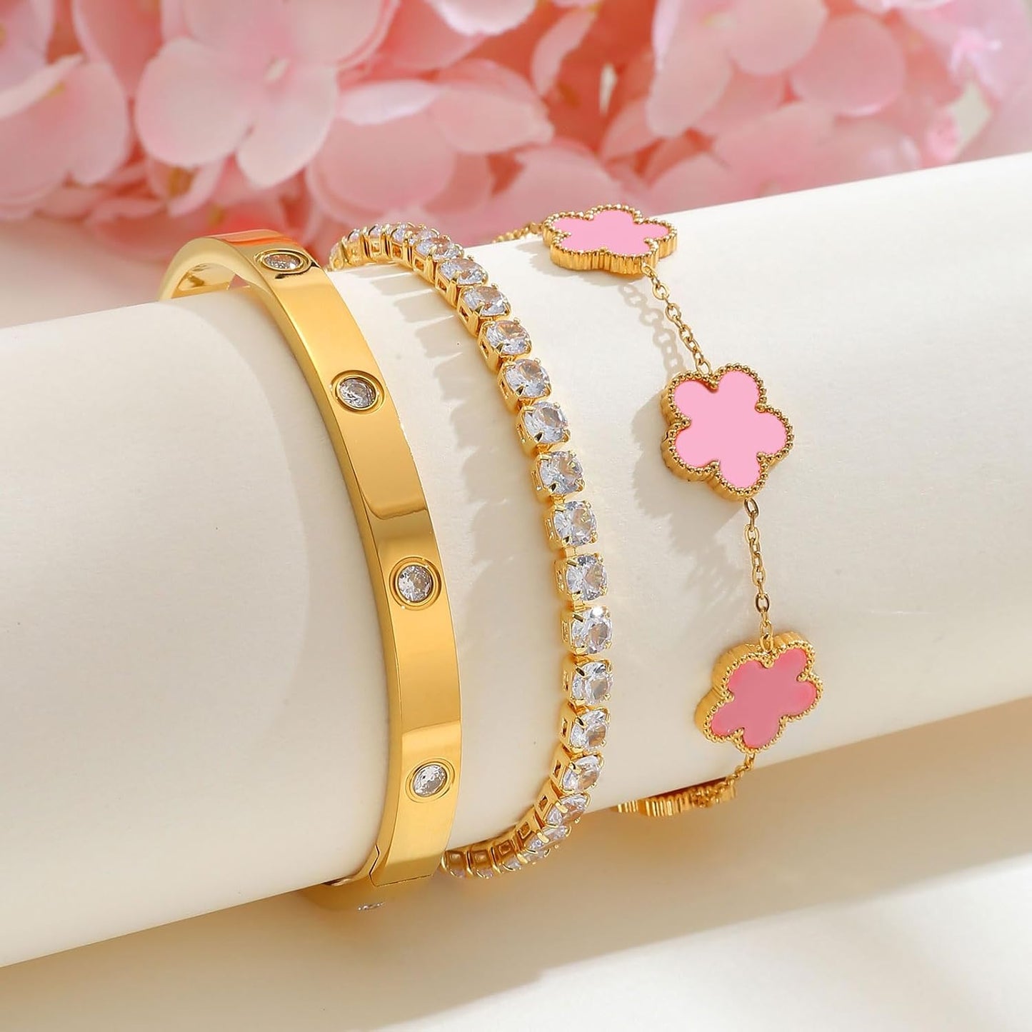 Pulseras florales apilables para mujer en oro - Juego de 3 pulseras...