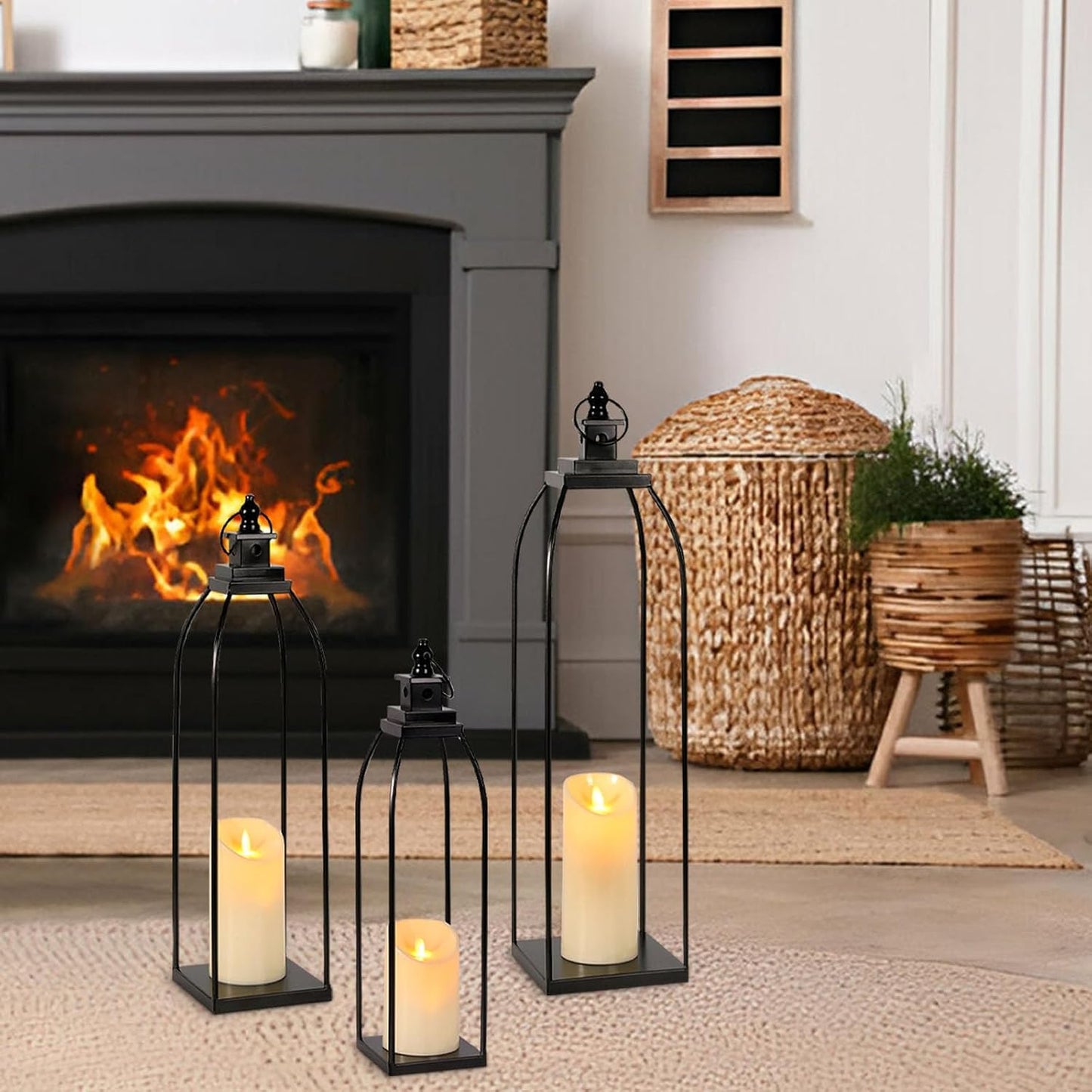 DARJEN Juego de 3 faroles decorativos de metal negro para velas, 16...