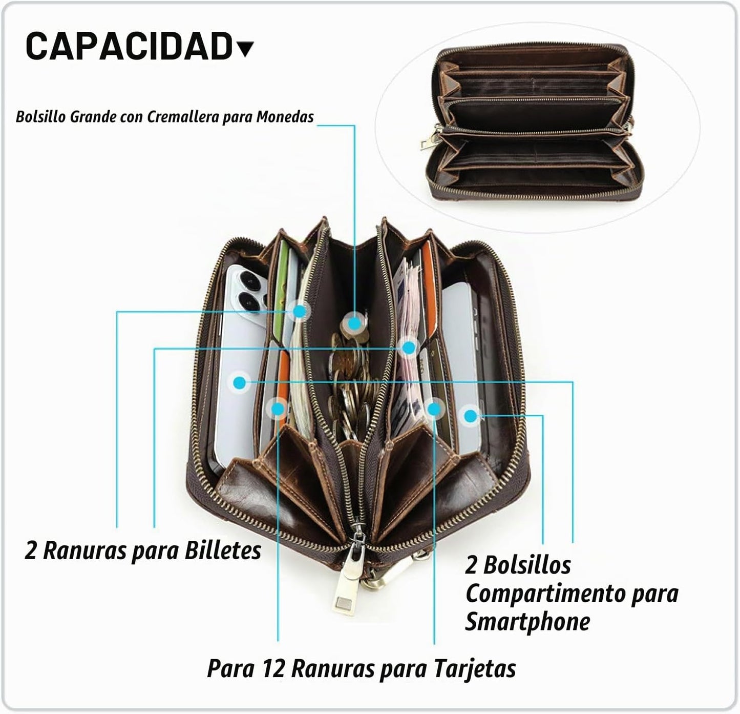 Cartera de mano de piel auténtica aceitada de grano superior para h...