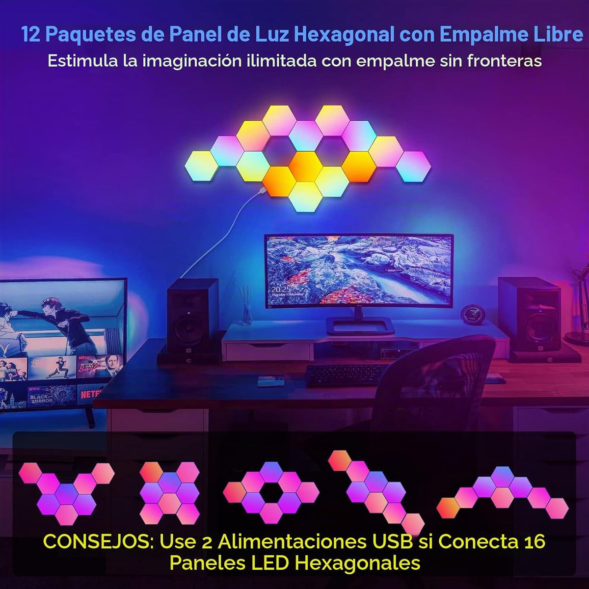 JIMIMORO Paquete de 12 paneles de luz hexagonales \u2013 Luces de p...