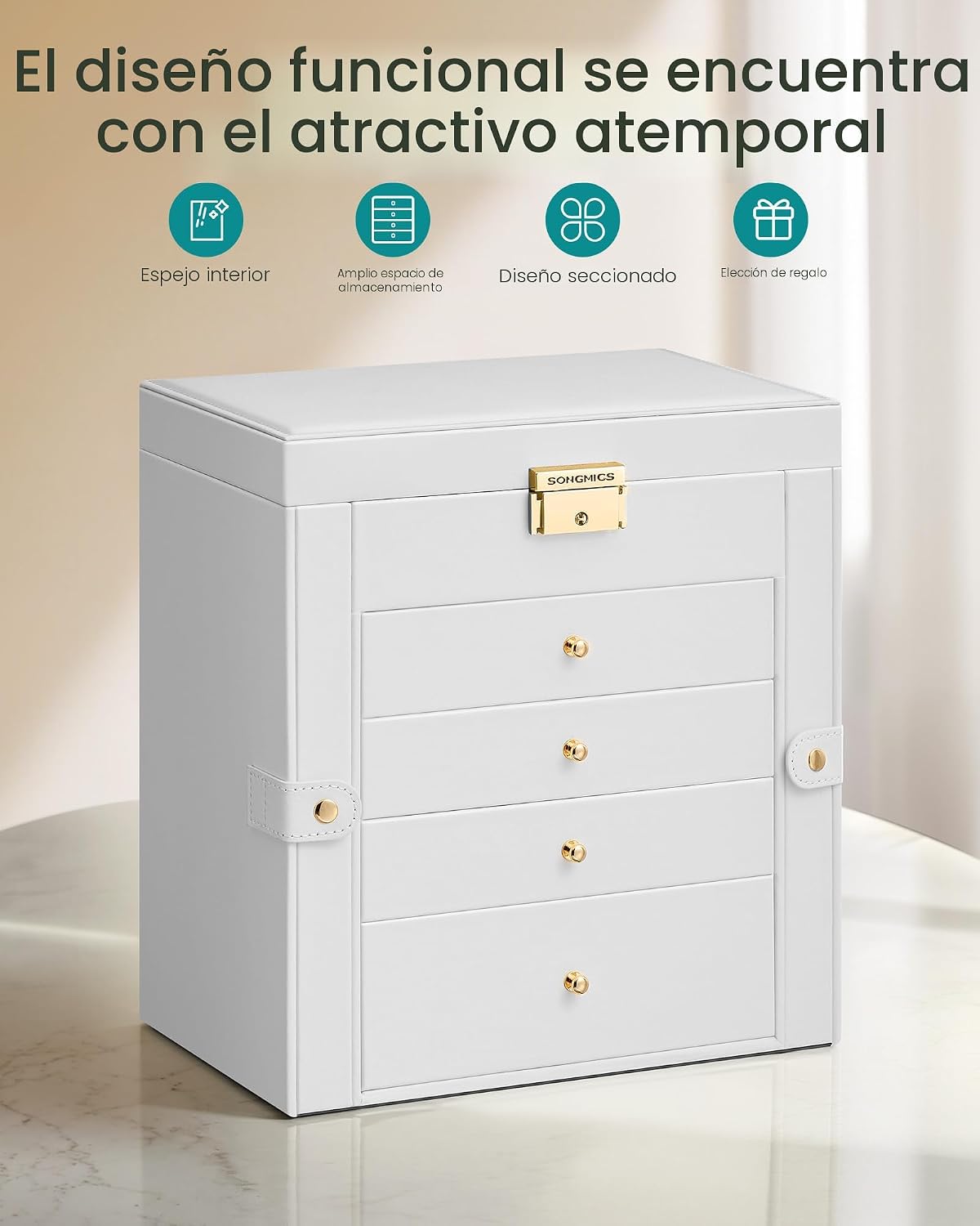 SONGMICS Organizador de joyero, 5 capas con 4 cajones, color blanco...
