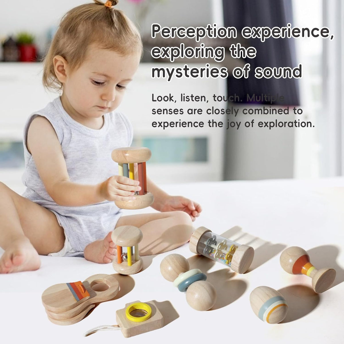 Juego de sonajeros de madera para bebé, juguetes Montessori 7 en 1...