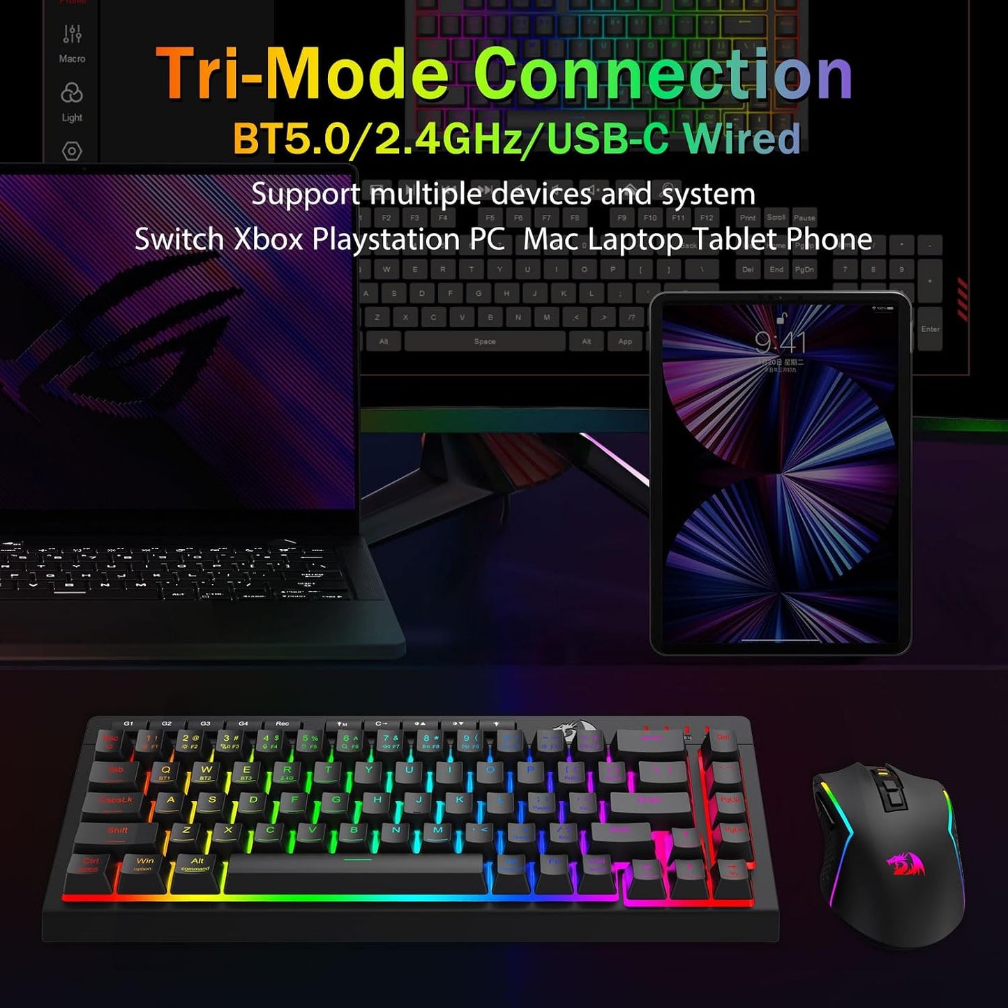 Redragon Teclado Gaming Inalámbrico Portátil, Bluetooth\/2.4GHz\/US...