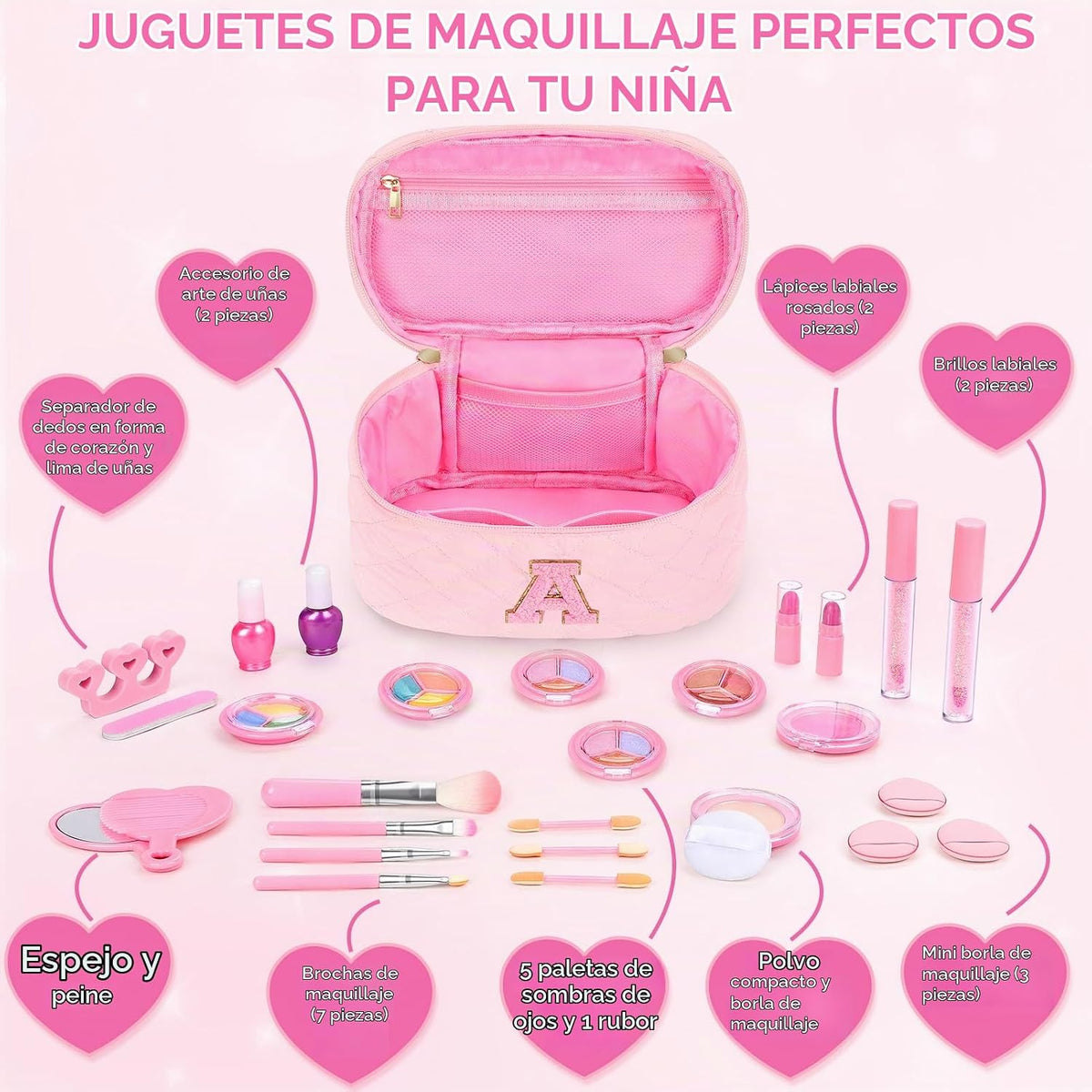 Juego de maquillaje lavable para niñas, 29 piezas, juguetes de maqu...