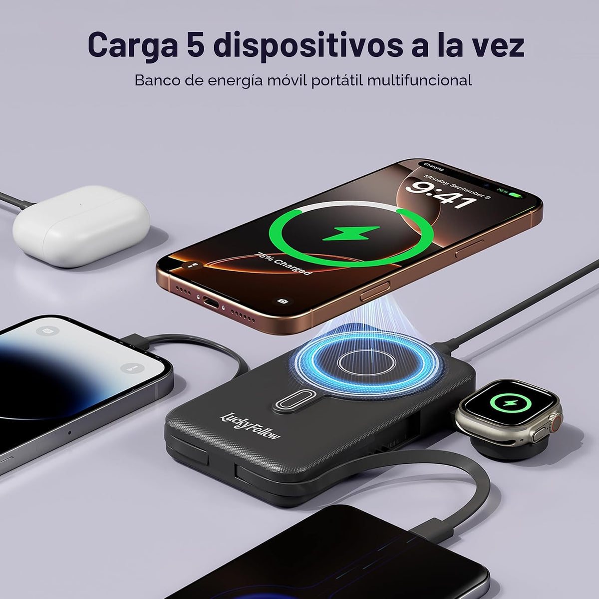 Cargador portátil magnético con cables integrados, estación de carg...