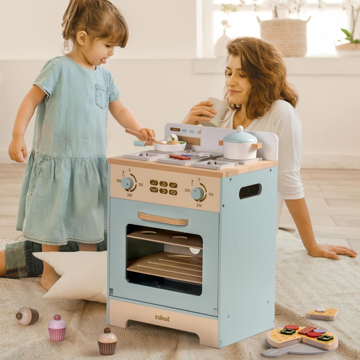 ROBUD Horno de madera para niños, juego de cocina de madera realist...