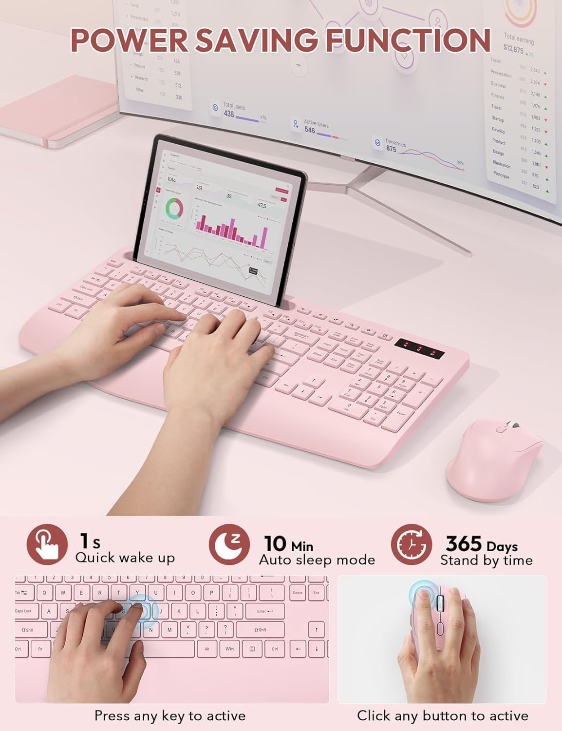 SABLUTE - Combo de teclado y mouse inalámbricos, tamaño completo, r...