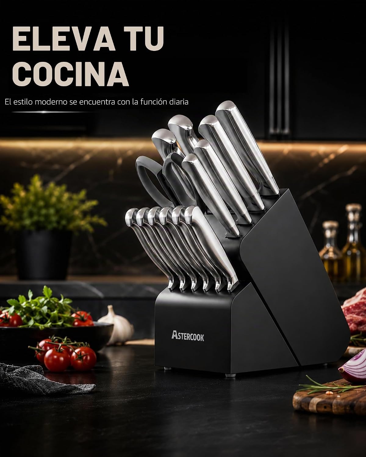 Astercook Juego de cuchillos de cocina de acero alemán de 15 piezas...