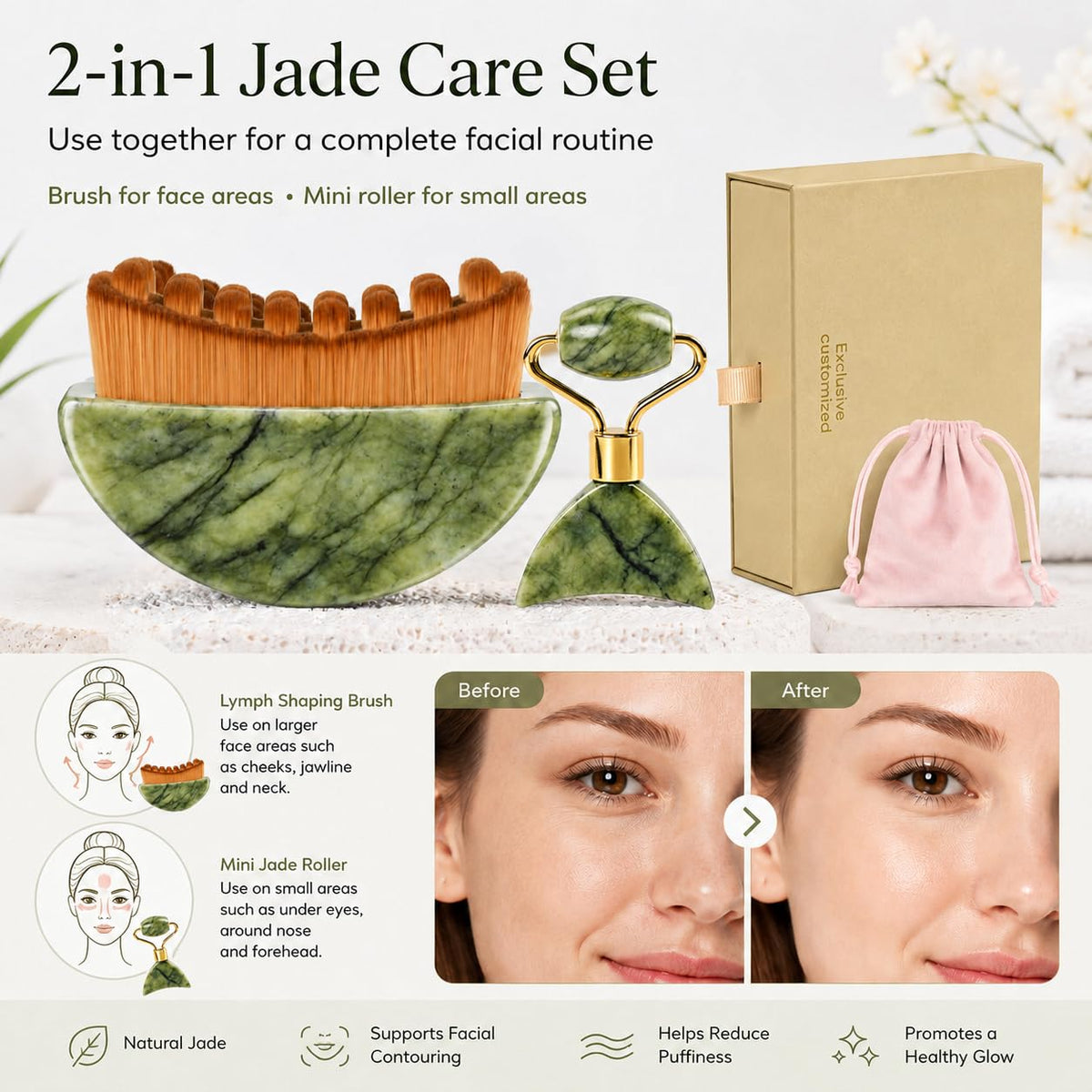 Juego de cepillo facial linfático de jade 2 en 1 y mini rodillo de...