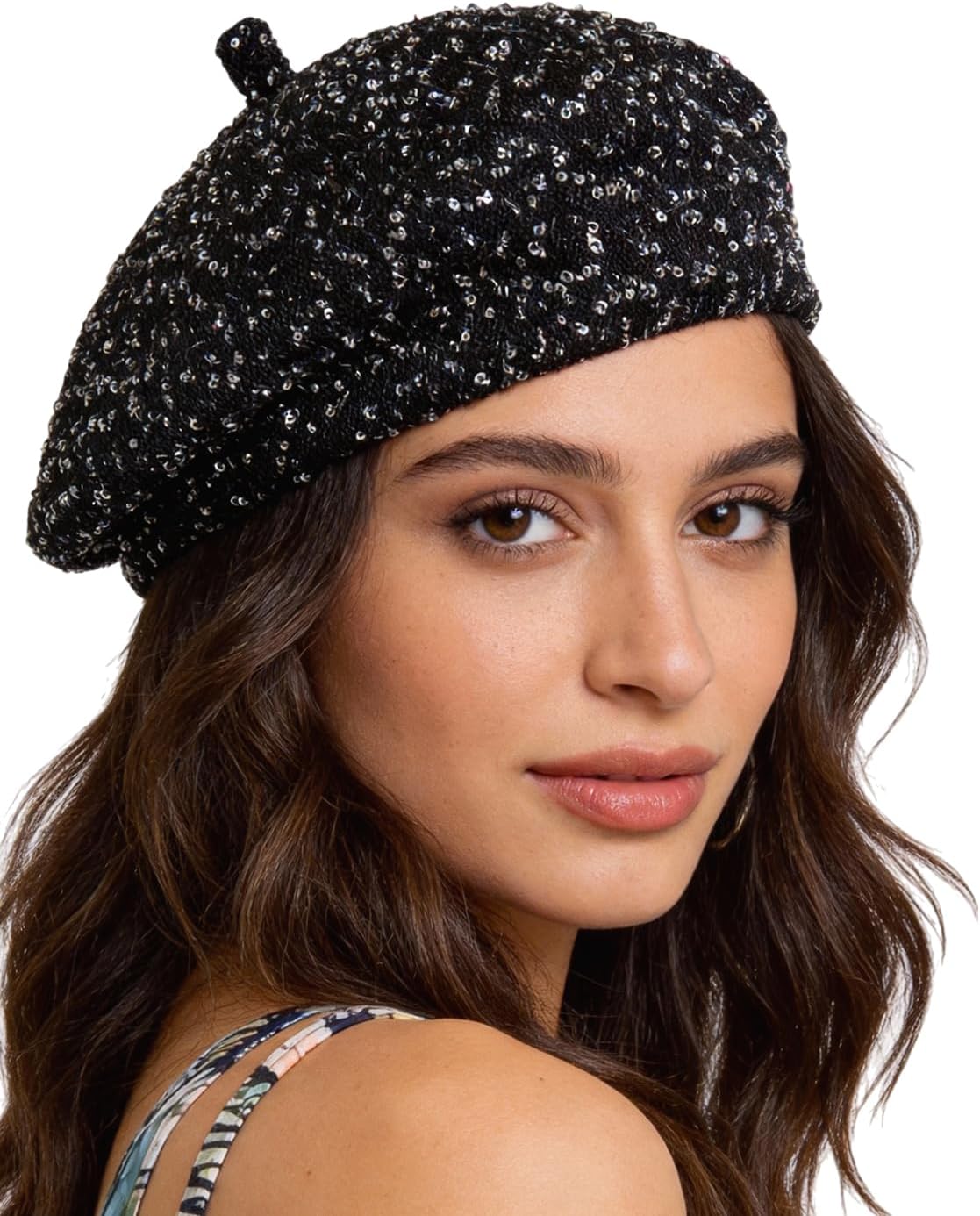 MINGSEECESS Boina francesa con lentejuelas brillantes para mujer, s...