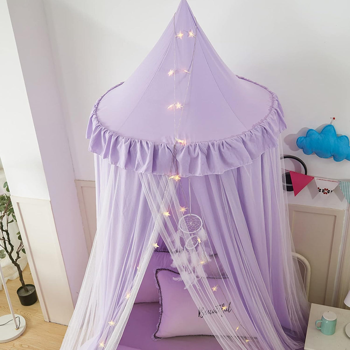 Dósel de cama con luces, doble capa, princesa, cúpula redonda, mosq...
