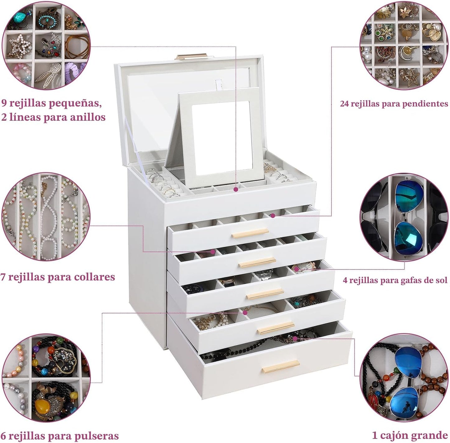 BOOVO Joyero para mujer, organizador de joyas grande de 6 capas neg...