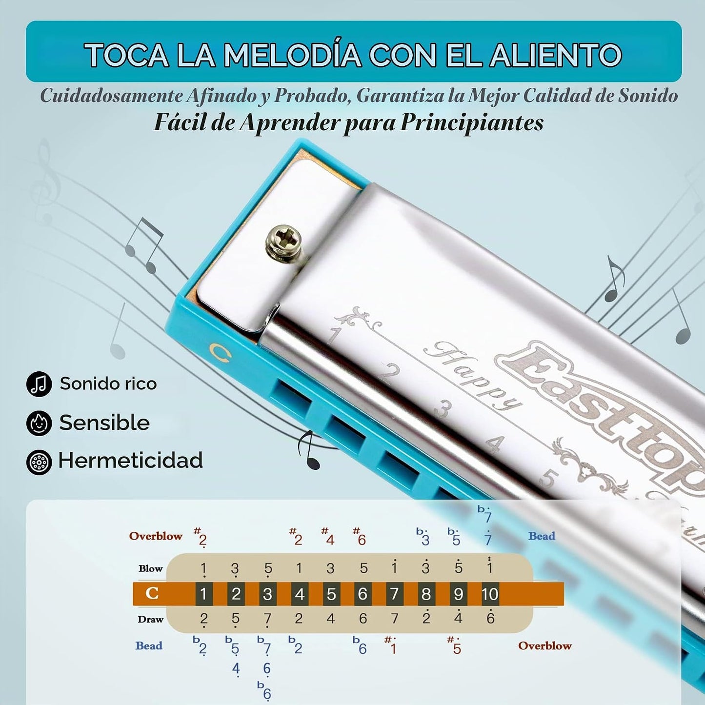 East top Armónica, llave C diatónica de 10 agujeros, azul, para pri...