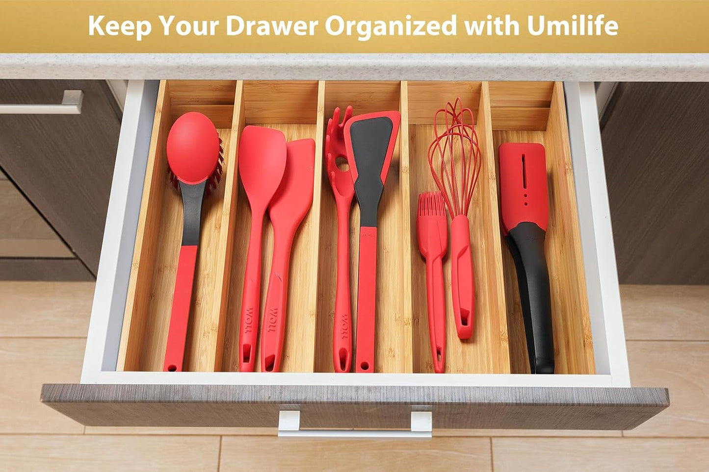 Umilife Organizador de cajones de cocina expandible, bandeja de cub...