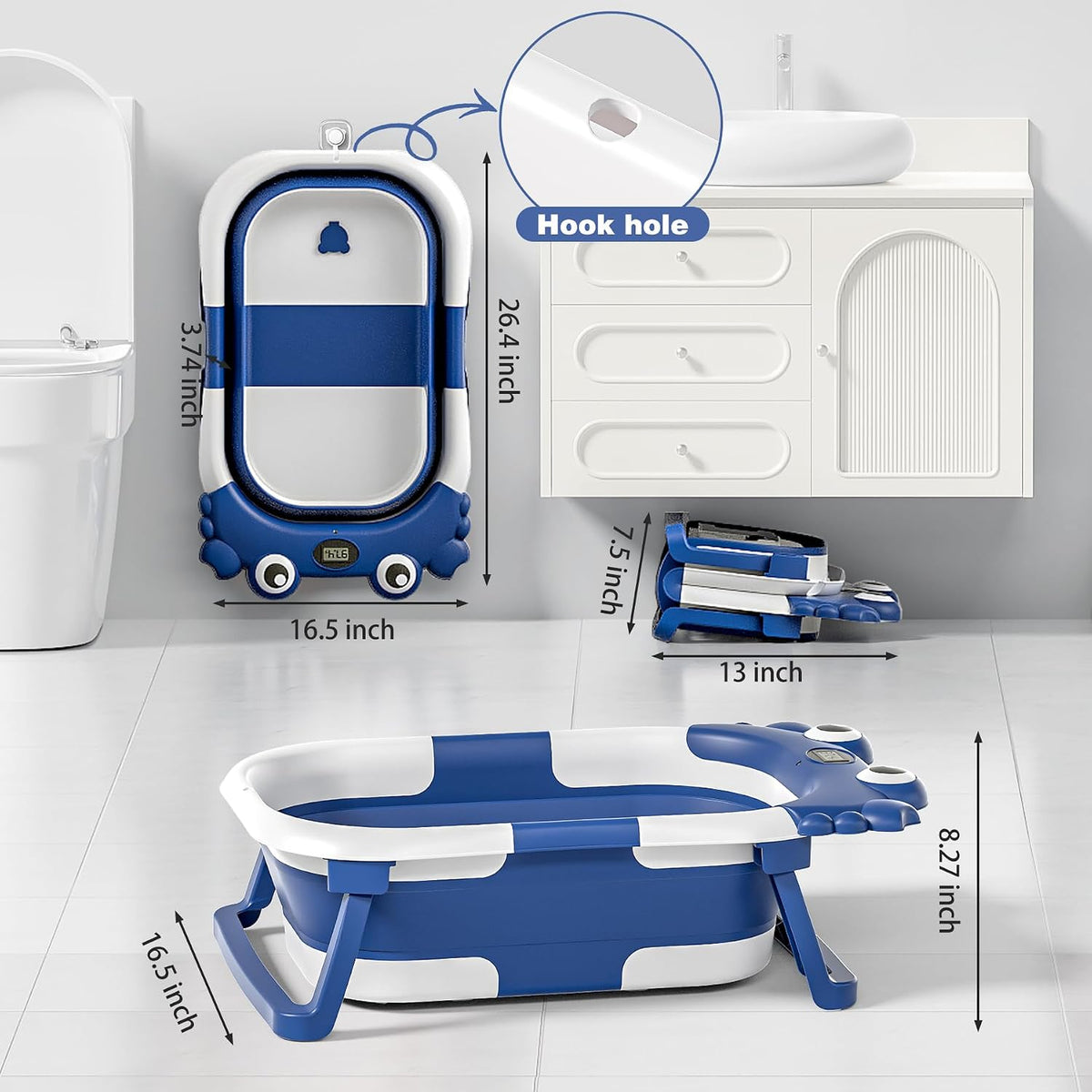 Bañera Plegable para Bebés para Recién Nacidos con Termómetro y Coj...