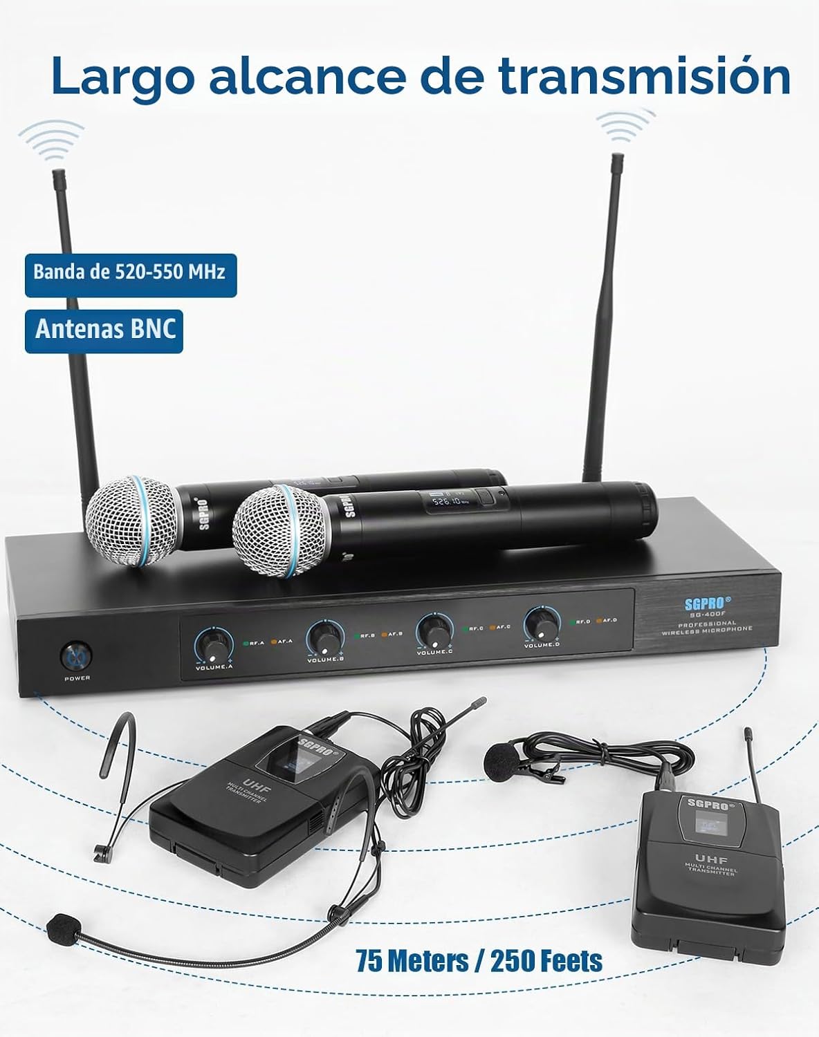 SGPRO Sistema de micrófono inalámbrico de 4 canales SG-400FHB | 2 m...