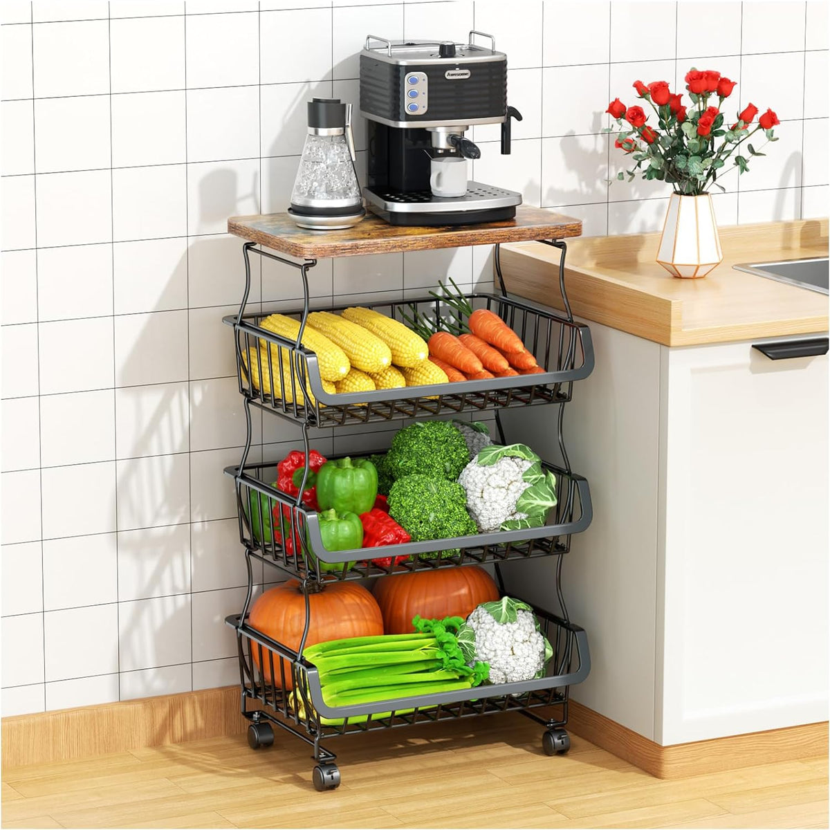 Gsiekare Cesta de frutas y verduras de 4 niveles para cocina con ru...