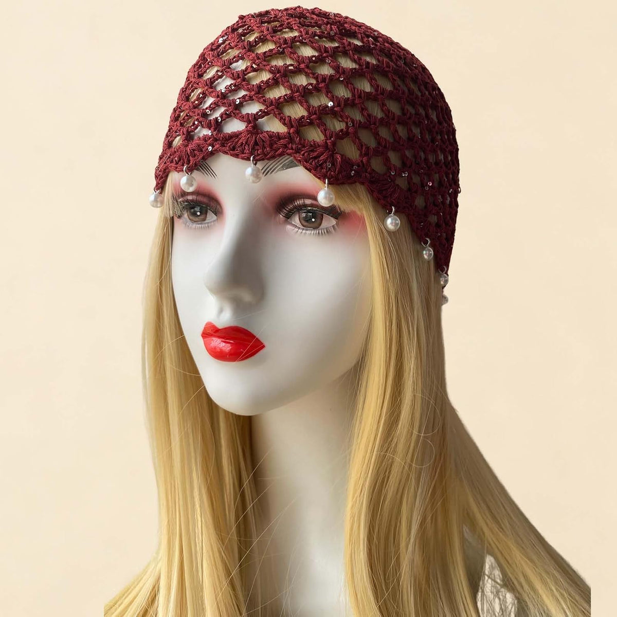 Qkxbxk Gorro de punto hueco con lentejuelas y perlas para mujer, es...