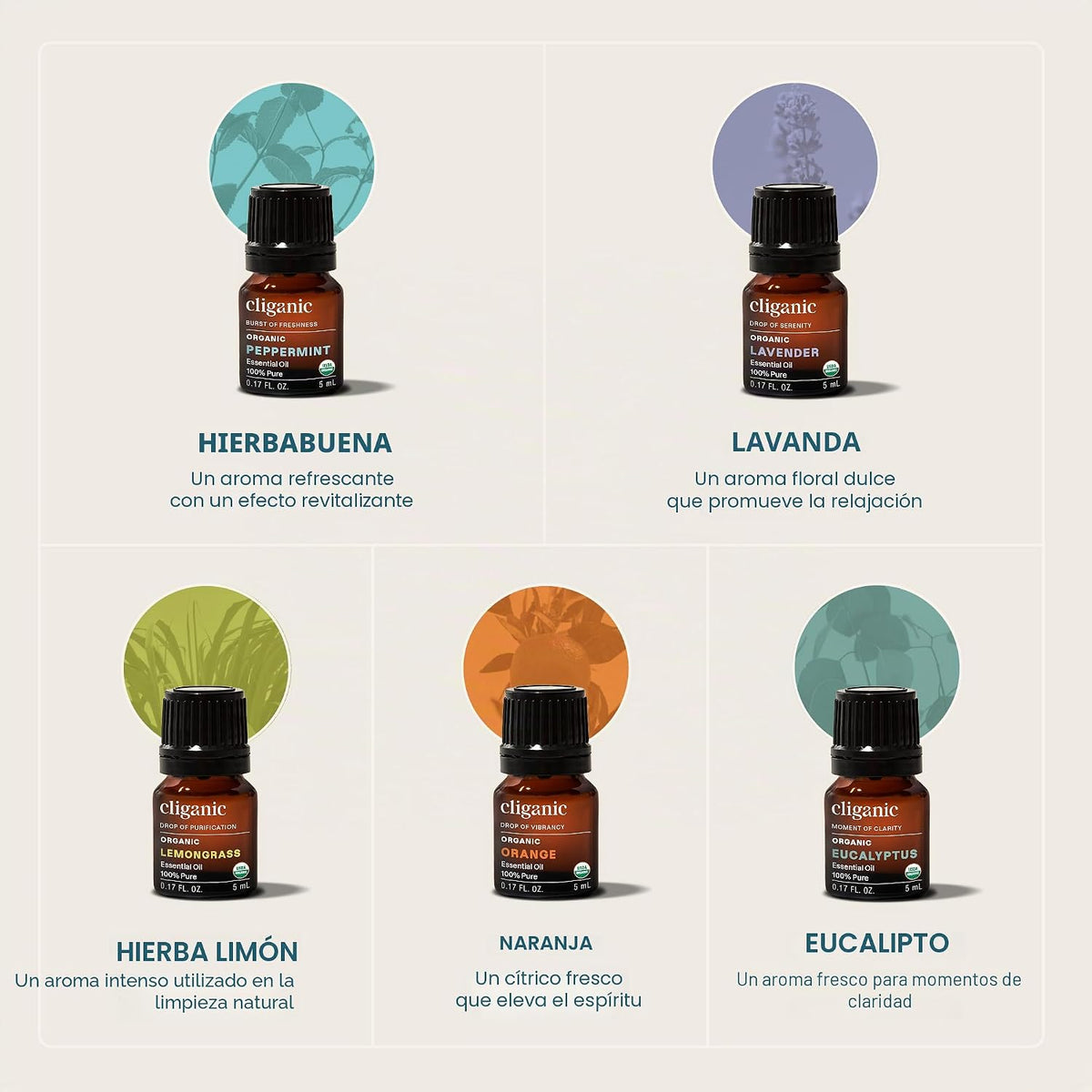 Cliganic Juego de aceites esenciales orgánicos (5 mejores x 15ml) -...