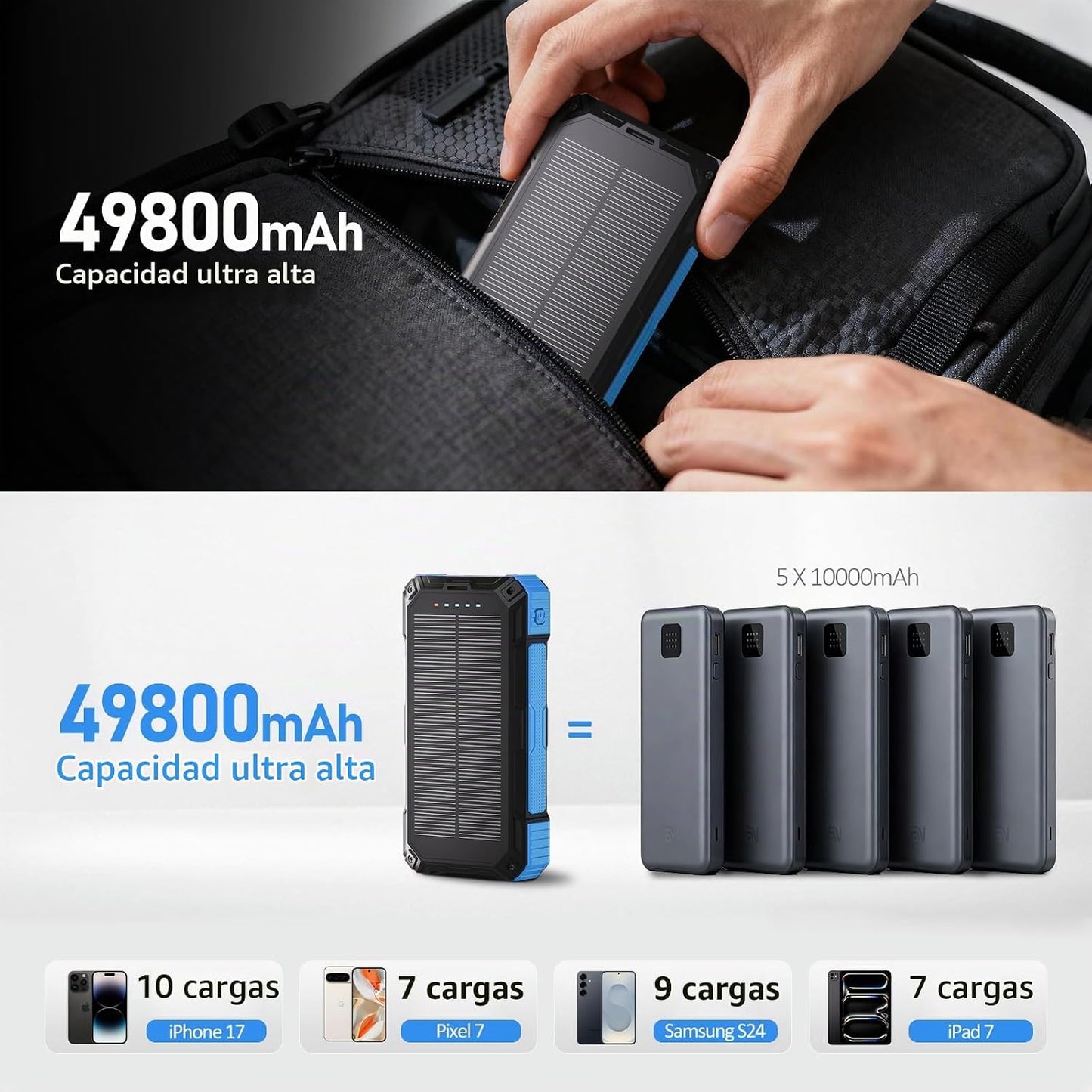 Cargador solar de 49800 mAh, 22.5 W PD cargador de teléfono portáti...
