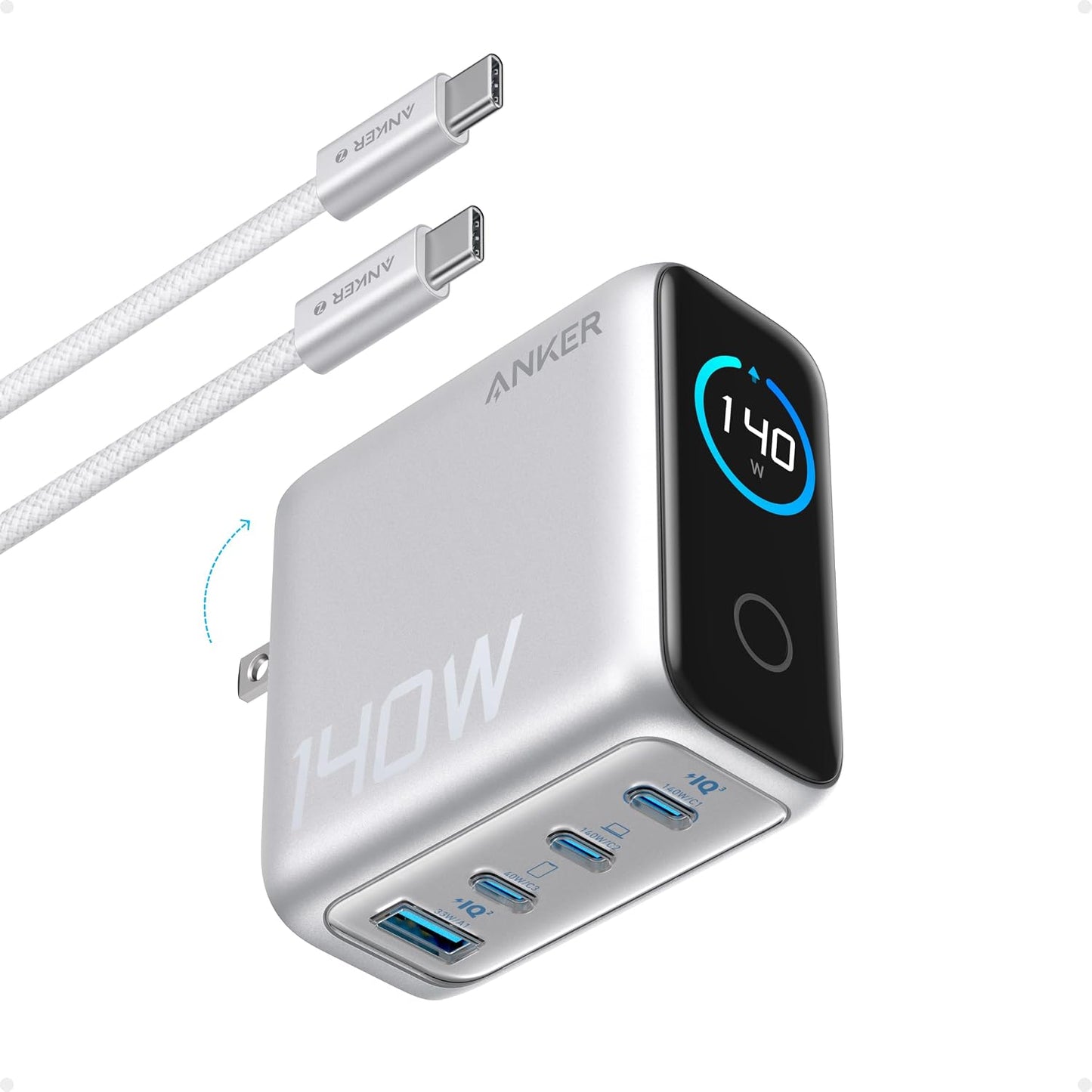 Anker Bloques de carga GaN de 140 W Max de 4 puertos, pantalla inte...