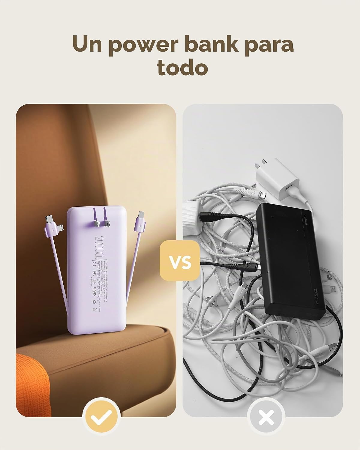 charmast Cargador portátil de 20000 mAh con cables integrados y enc...