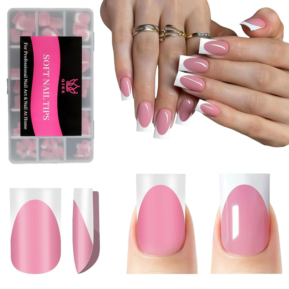 QIEK Uñas postizas a presión con punta francesa de color rosa oscur...