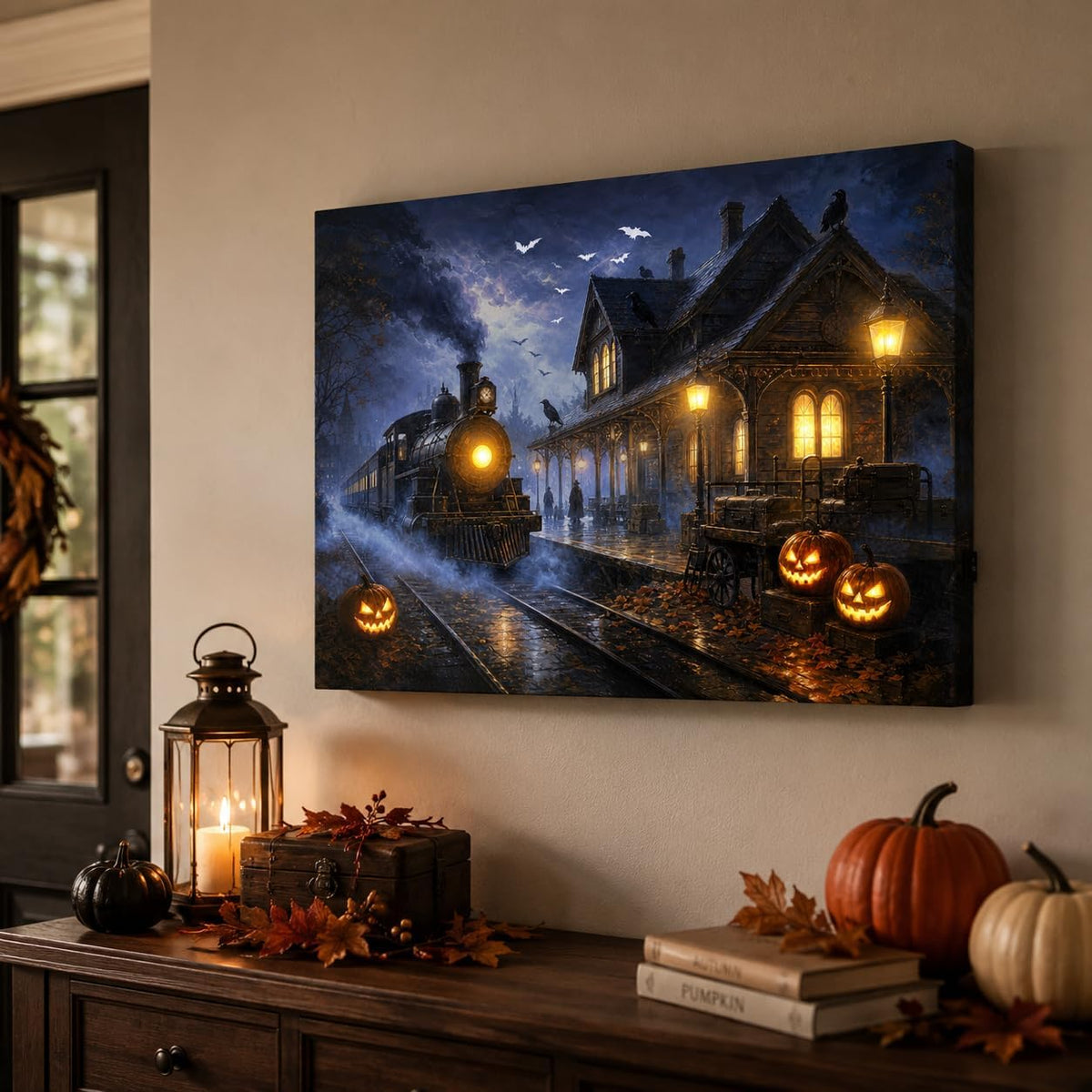 Artiluxy Lienzo decorativo LED de Halloween, estación de tren embru...