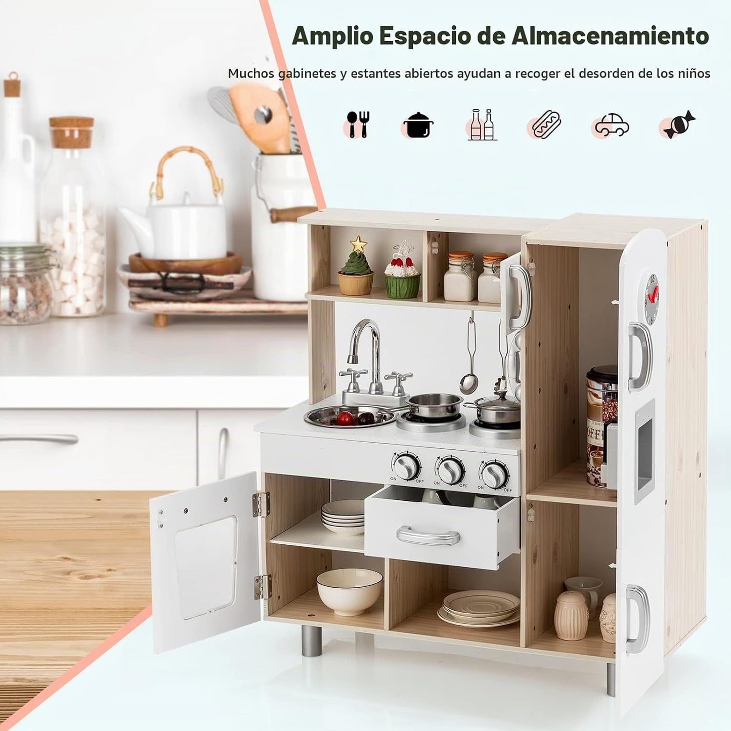 HONEY JOY Juego de cocina para niños, cocina de juego de madera fin...