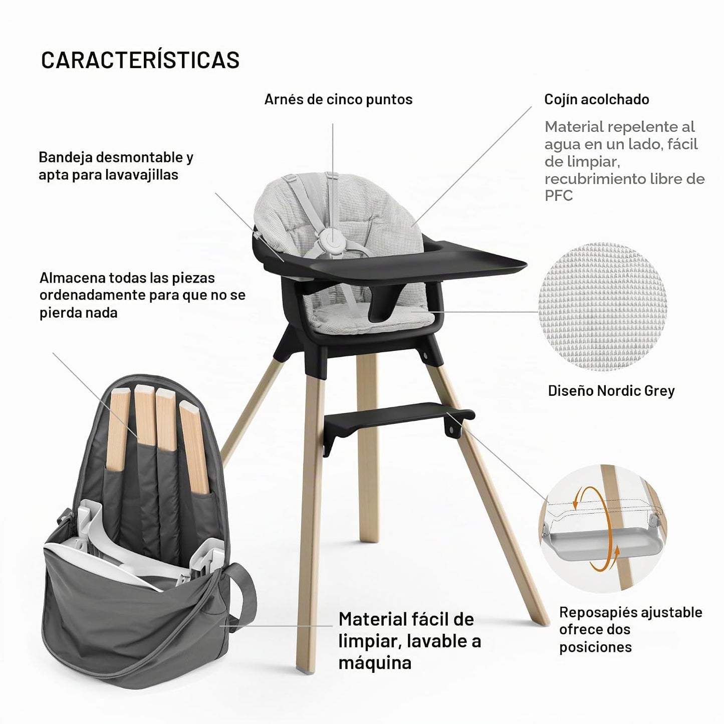 Stokke Silla alta Clikk (negro\/natural) con cojín Clikk (gris nórd...