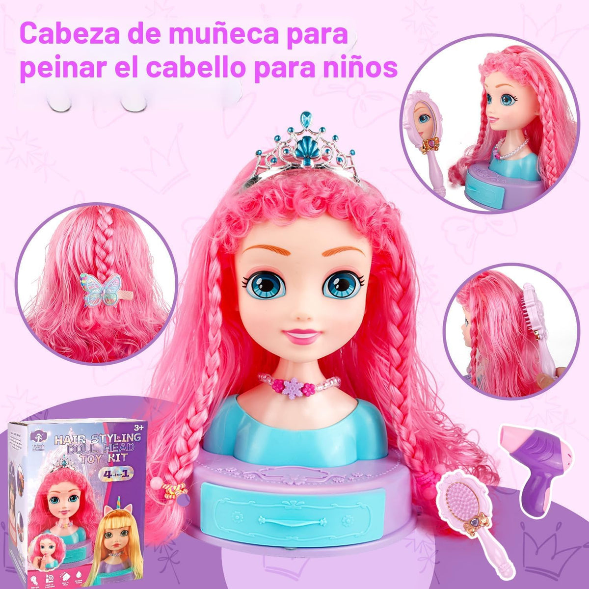 Kryonixty Cabeza de muñeca 4 en 1 para peinar el cabello para niños...