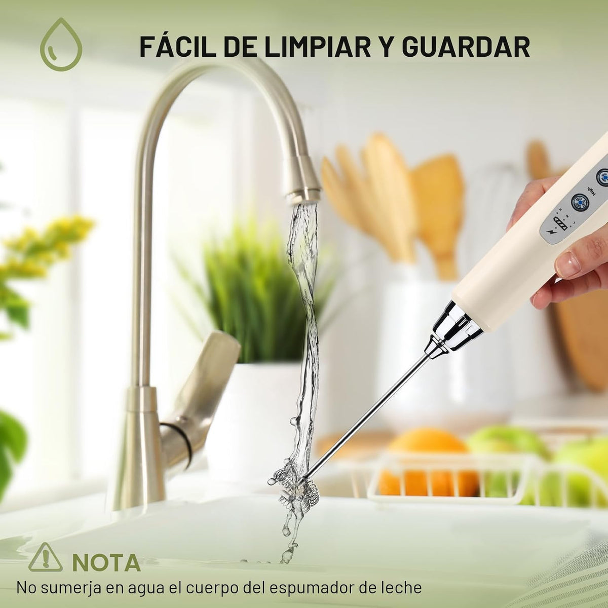 YUSWKO Varita espumadora de leche de mano beige con soporte para ca...