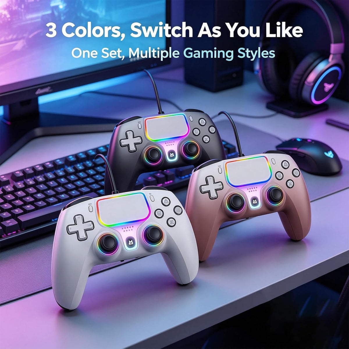 Paquete de 3 controladores con cable NBCP para PS5\/PS4\/PC: incluy...
