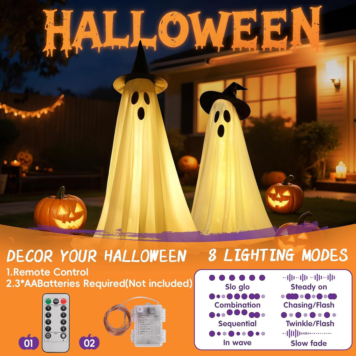 2 decoraciones de Halloween al aire libre, fantasma, decoración de...