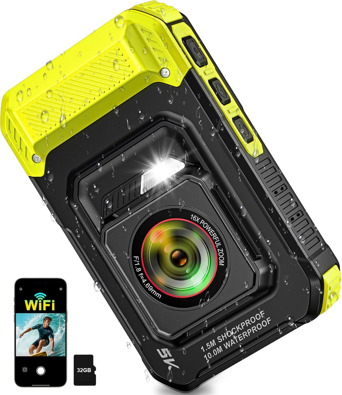 Cámara subacuática 5K 33FT Cámara digital impermeable con enfoque a...
