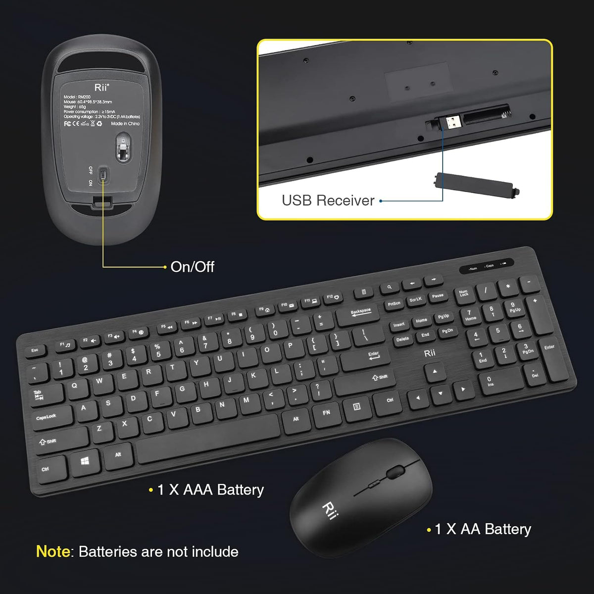 Combo de teclado y mouse inalámbricos, teclado estándar Rii para co...